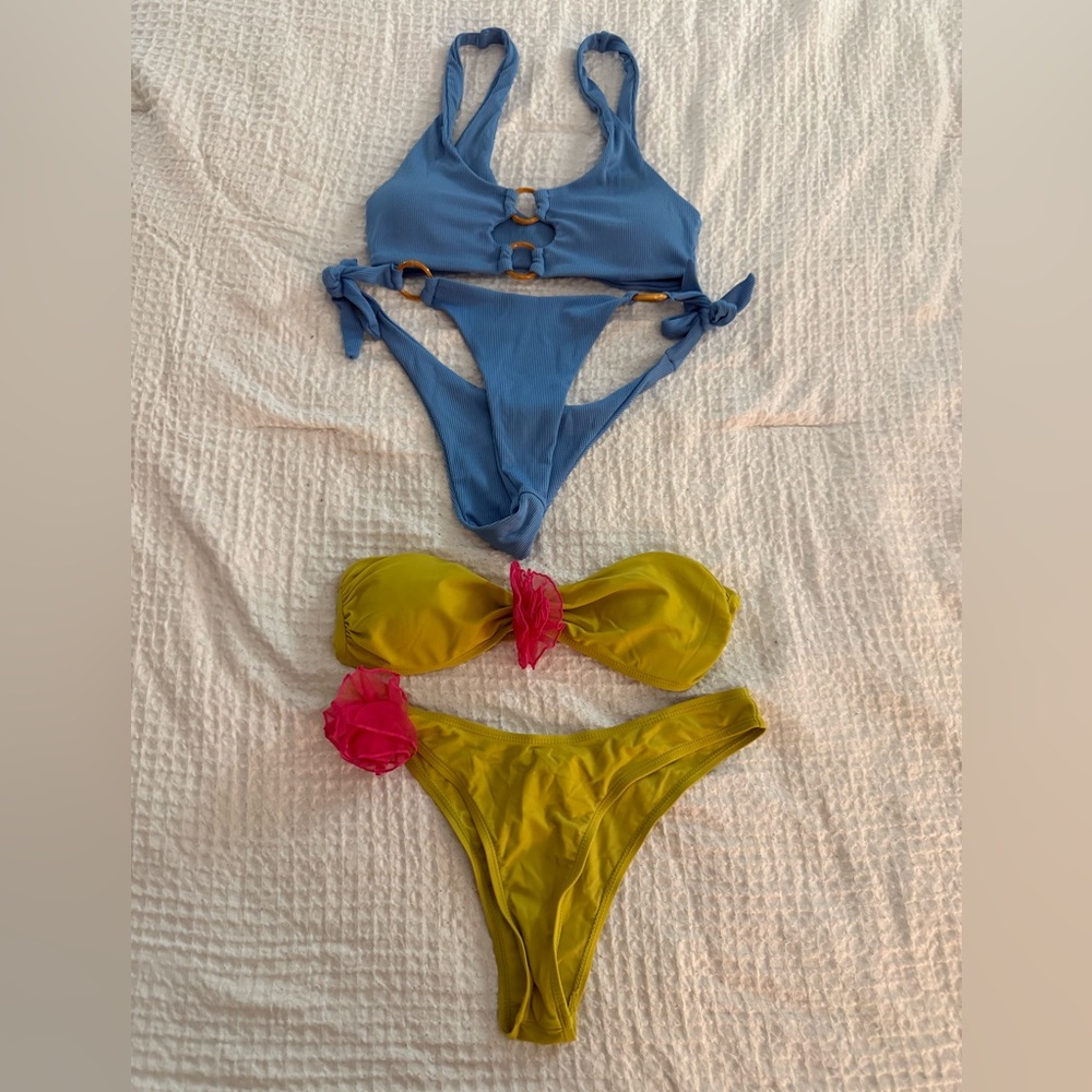 Blue and Yellow Bikini Set with Pink Accents